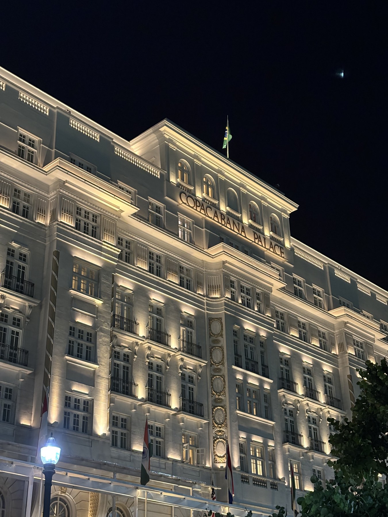 The illuminated facade of Copacabana Palace at night