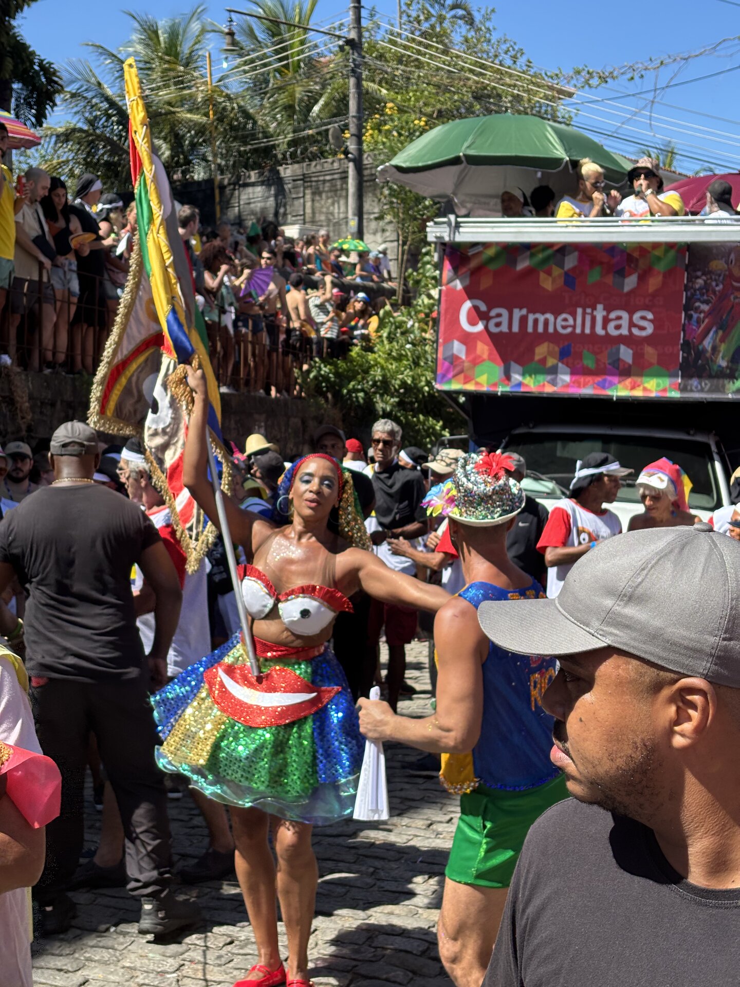 Uma foliã fantasiada carregando uma bandeira no bloco Carmelitas, em Santa Teresa, Rio de Janeiro