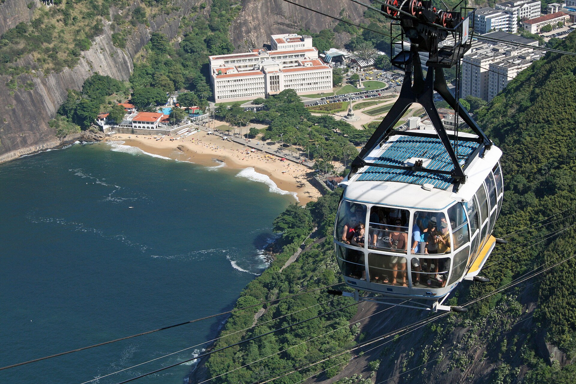 O bondinho do Pão de Açúcar chegando sobre a Praia Vermelha e a baía