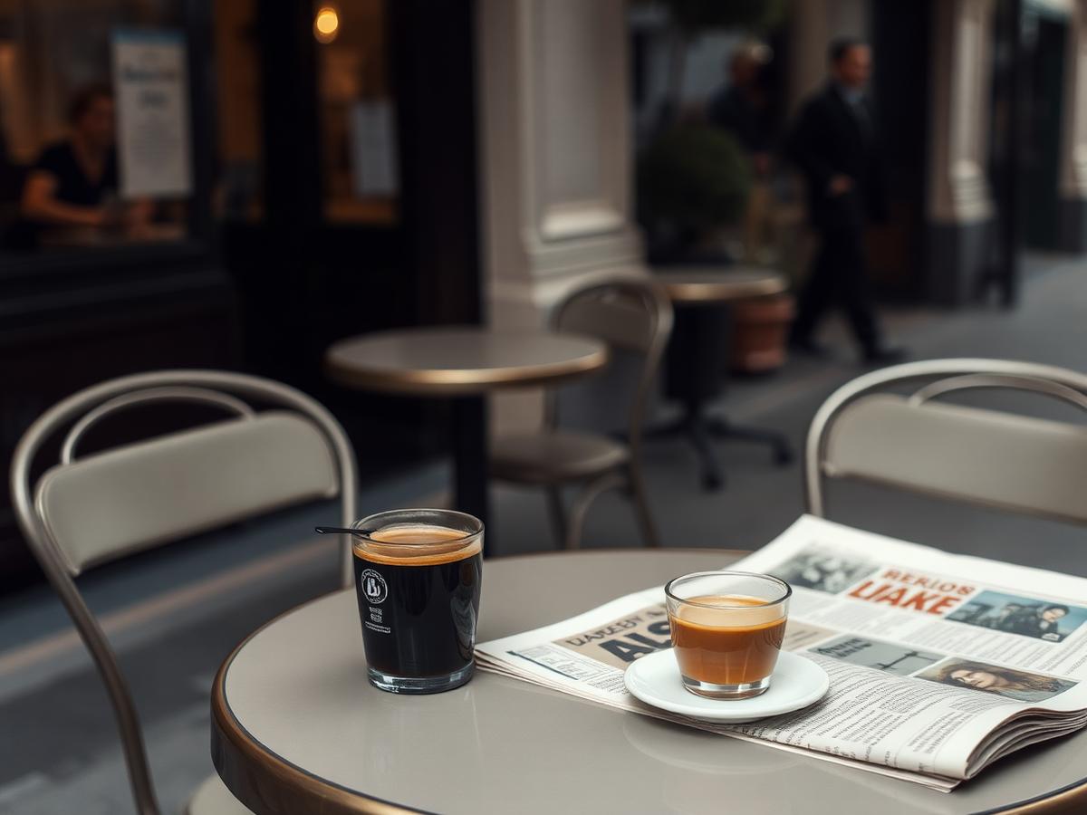 A Parisian café table with espresso and a newspaper