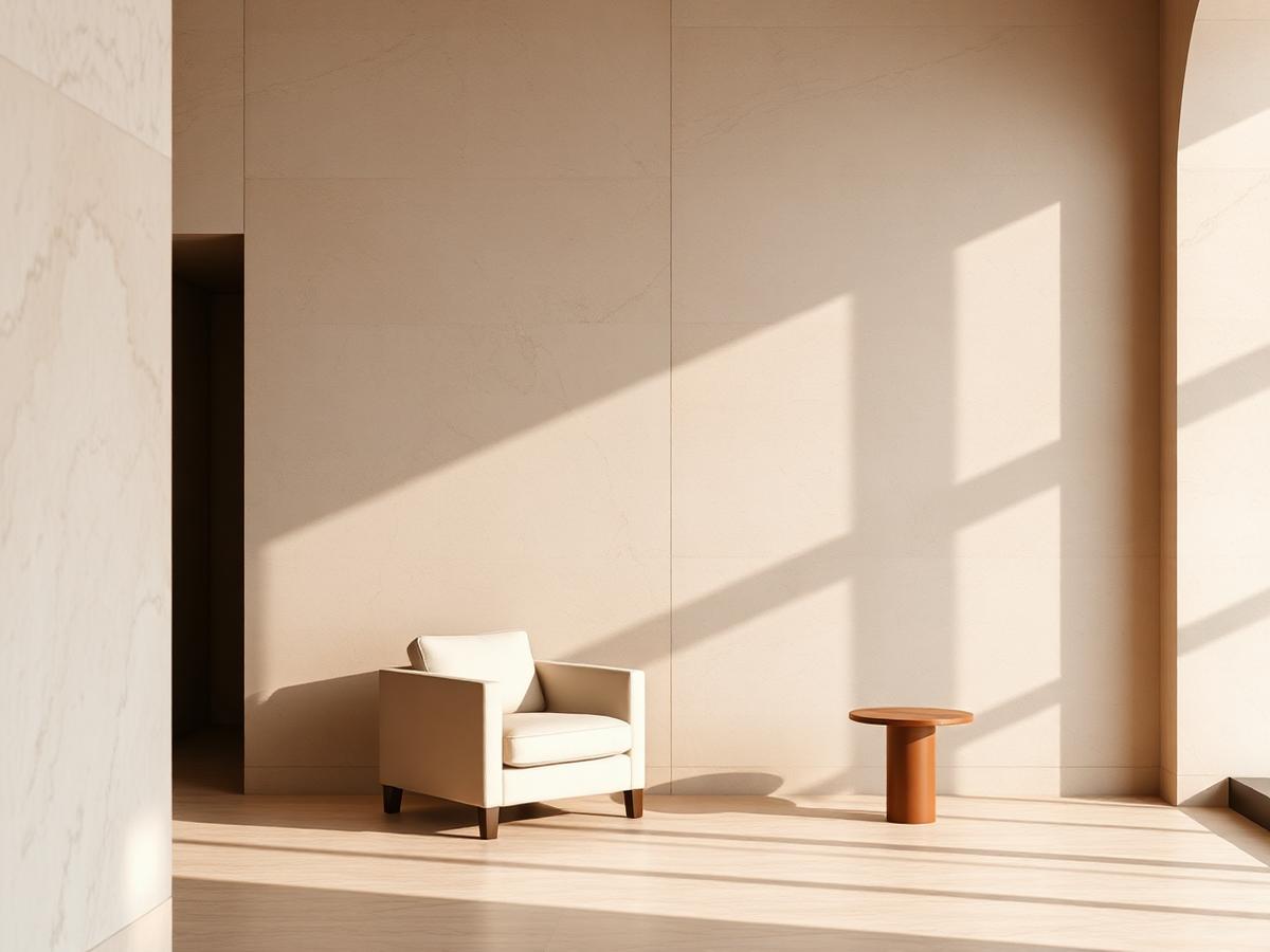 A minimal stone hotel lobby with a single linen armchair