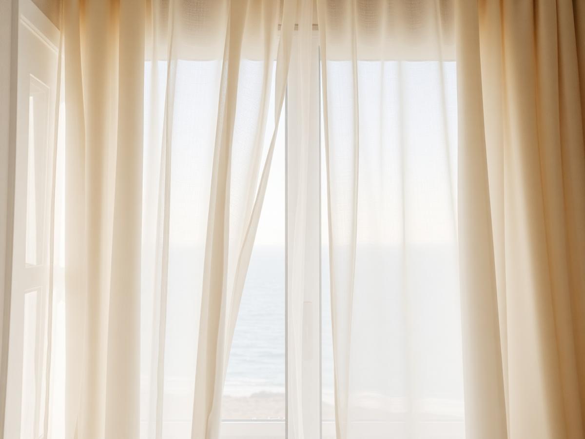 Sheer curtains moving at a hotel window overlooking the sea
