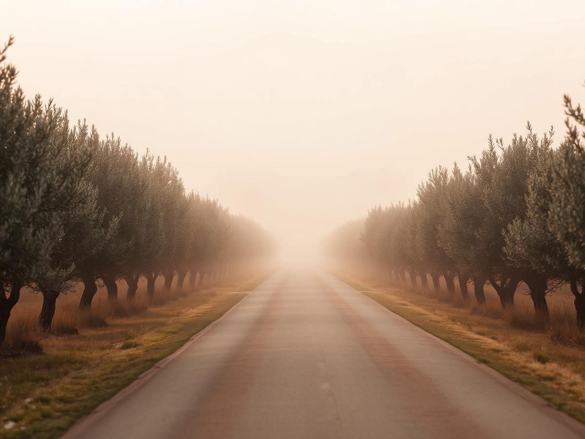 An empty country road through olive groves in morning mist