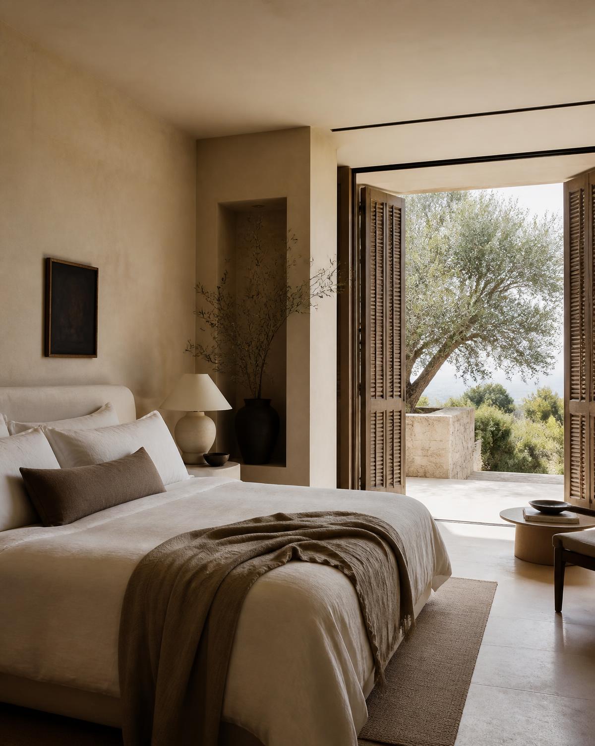 A calm villa suite with linen bedding and shutters opening onto olive trees
