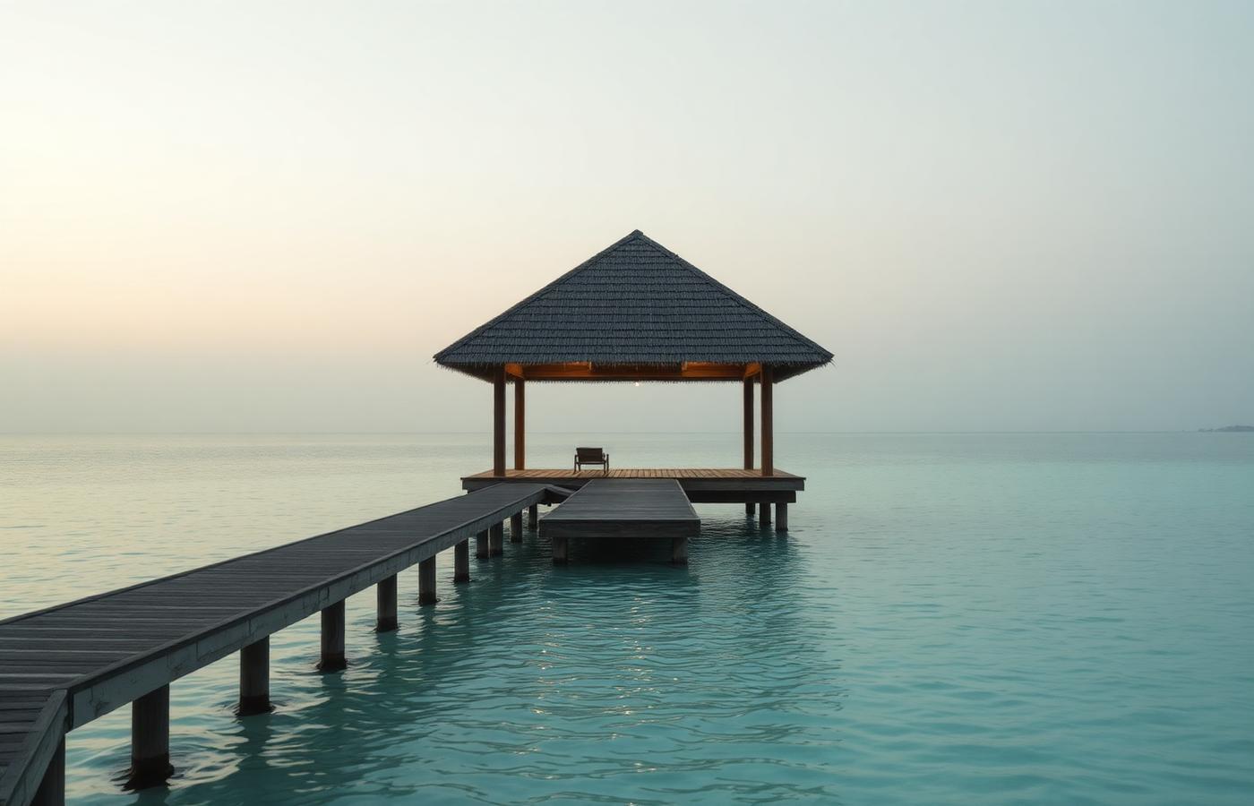 A quiet overwater pavilion on a still sea at dawn in the Maldives