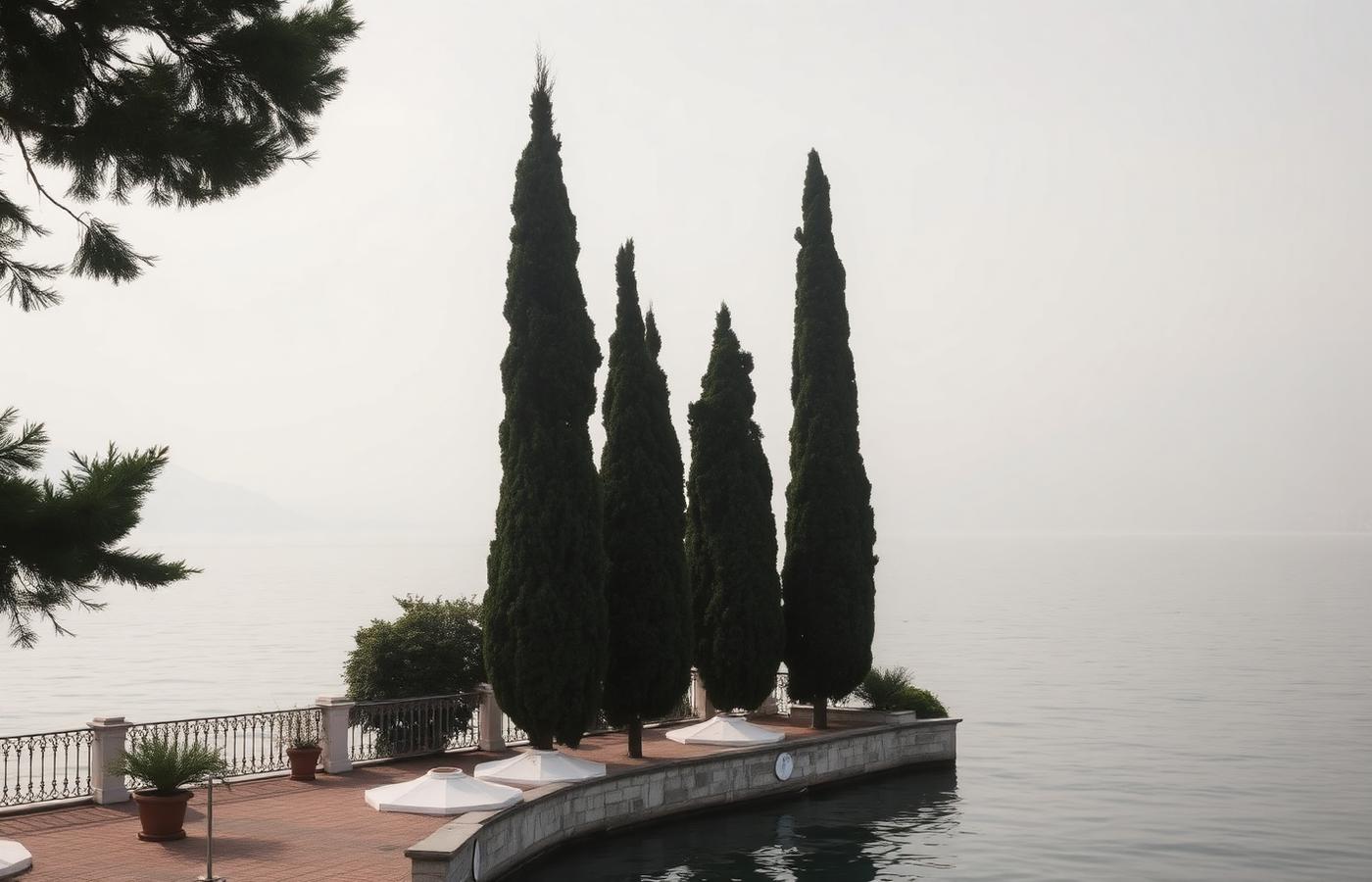 A lakeside terrace in northern Italy framed by cypress trees in morning haze