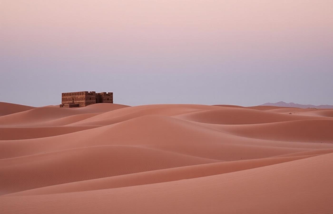 Soft desert dunes at dusk with a distant stone fort