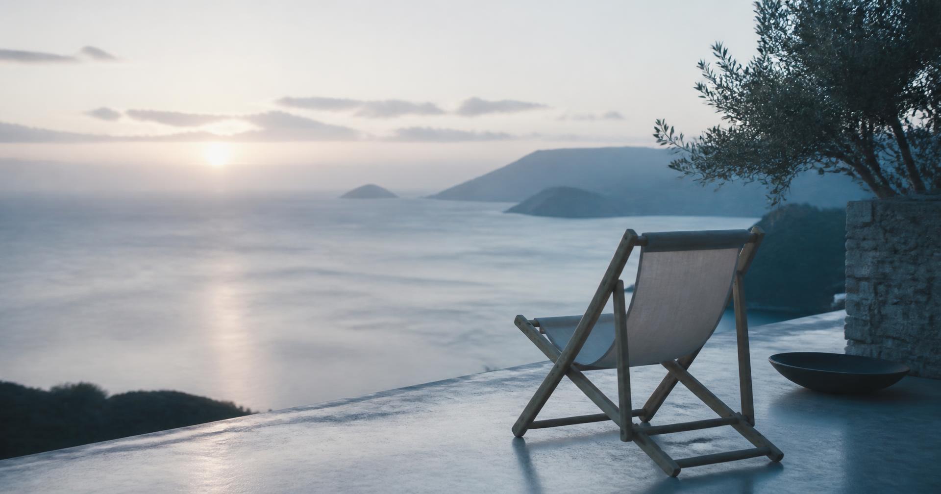 A calm sea horizon at dawn seen from a quiet terrace